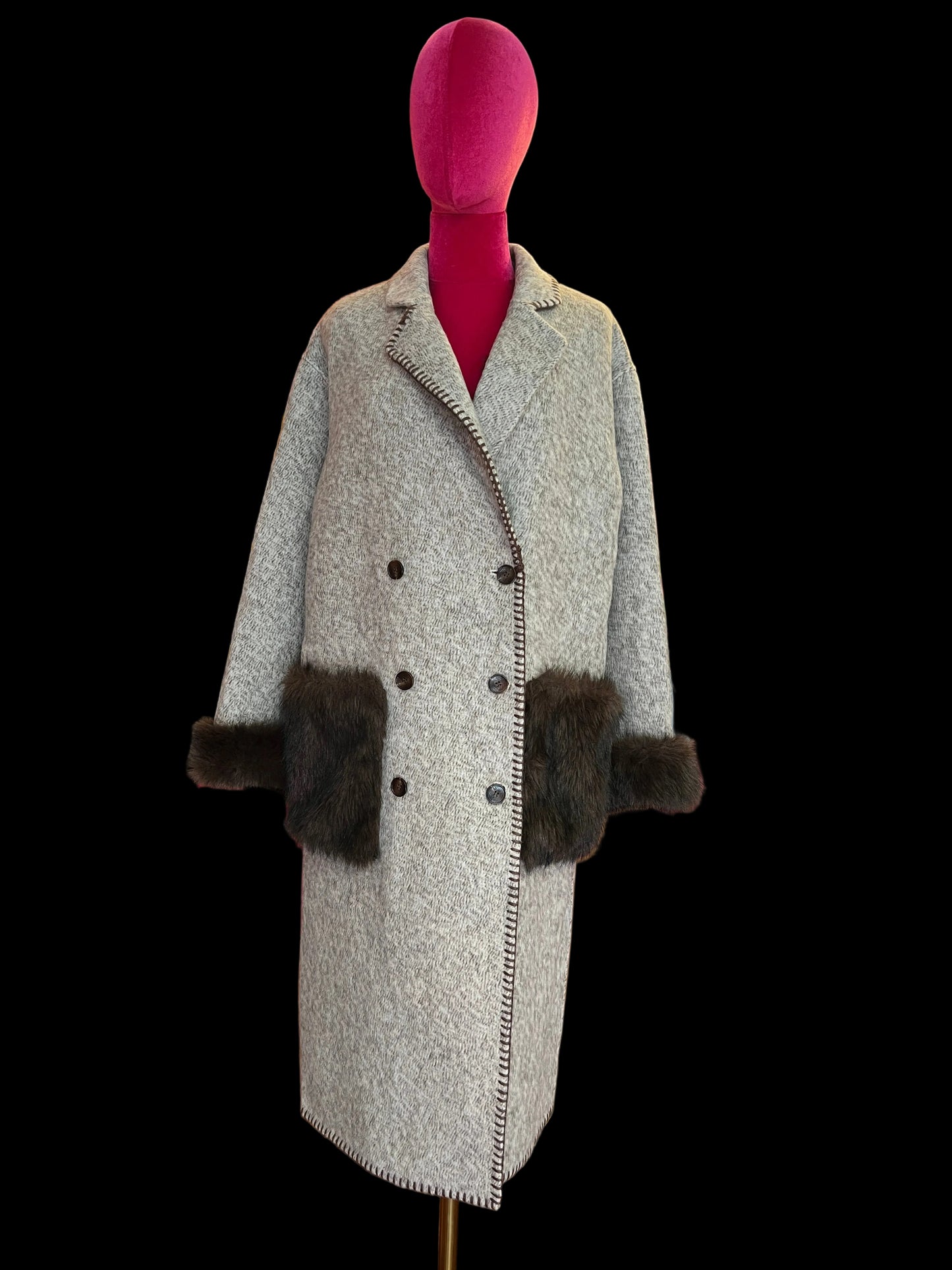 Front street cappotto lungo con collo e polsi rimovibili in pelliccia ,mélange marrone e bianco