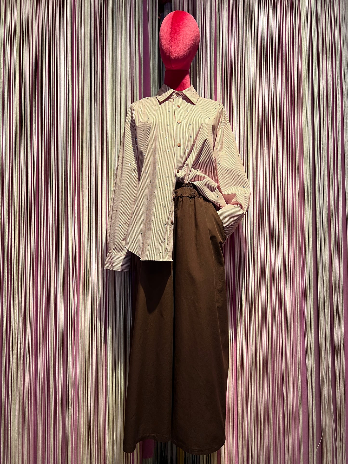 Mon amour Paris completo burgundy camicia righe con cristalli e pantalone gamba ampia e vita con elastico