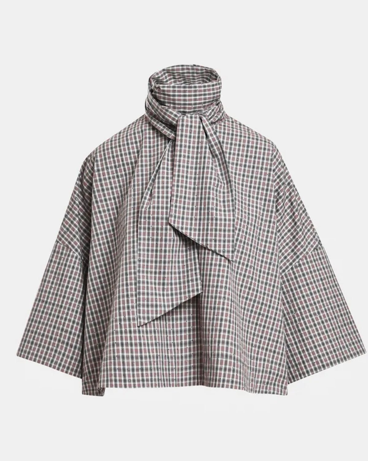 Essentiel antwerp camicia colletto con fiocco fantasia a quadri mattoni grigio scuro e bianco , applicazioni strass, manica a campana