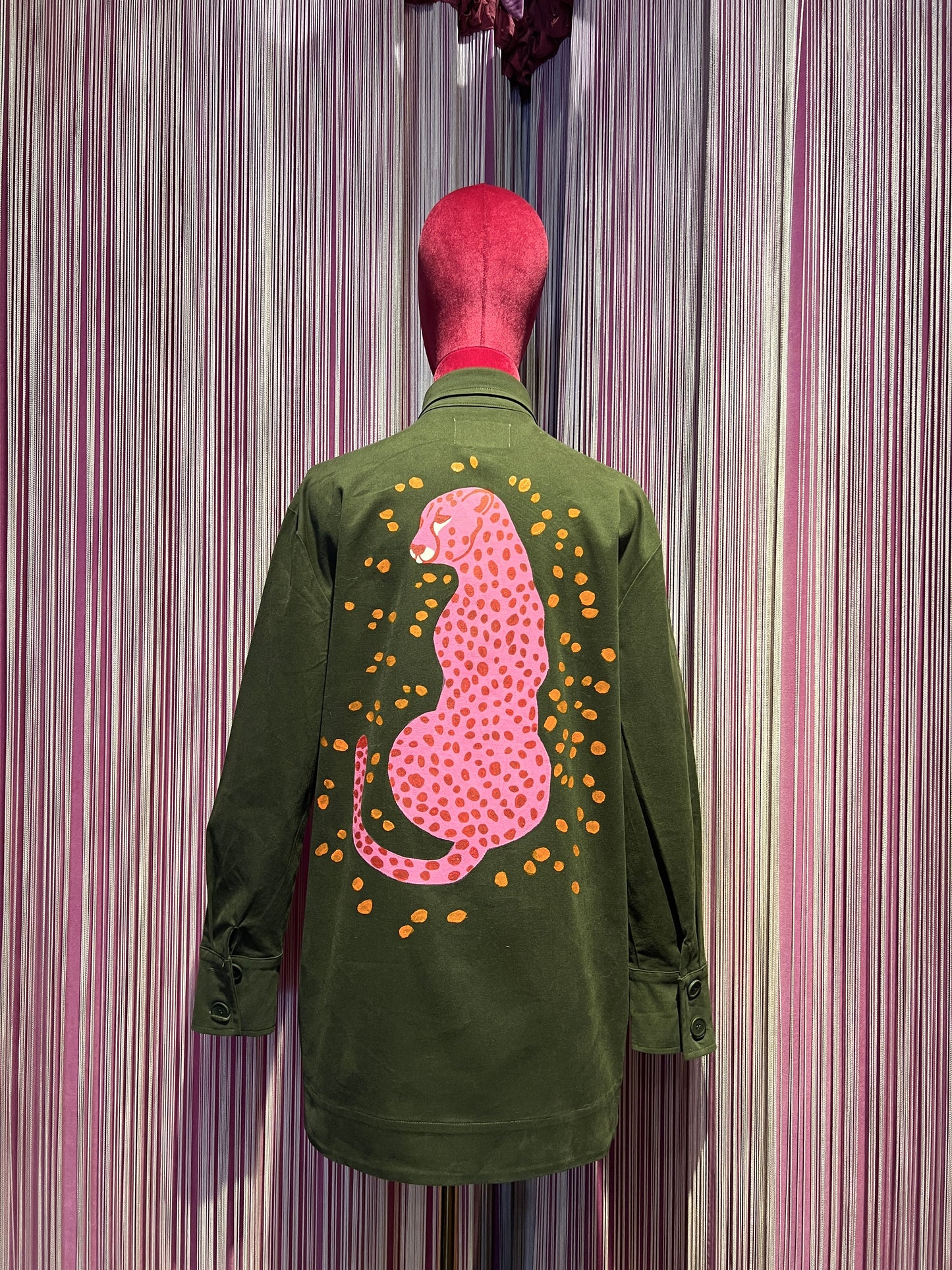ABpink🩷 giacca Charlotte verde militare con patch stella paillettes gialla tigre fucsia sul retro vestibilita’ 40/44