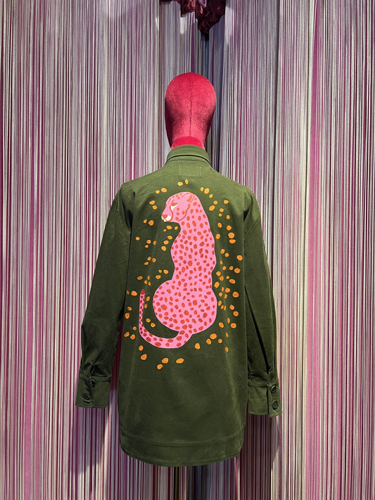 ABpink🩷 giacca Charlotte verde militare con patch stella paillettes gialla tigre fucsia sul retro vestibilita’ 40/44