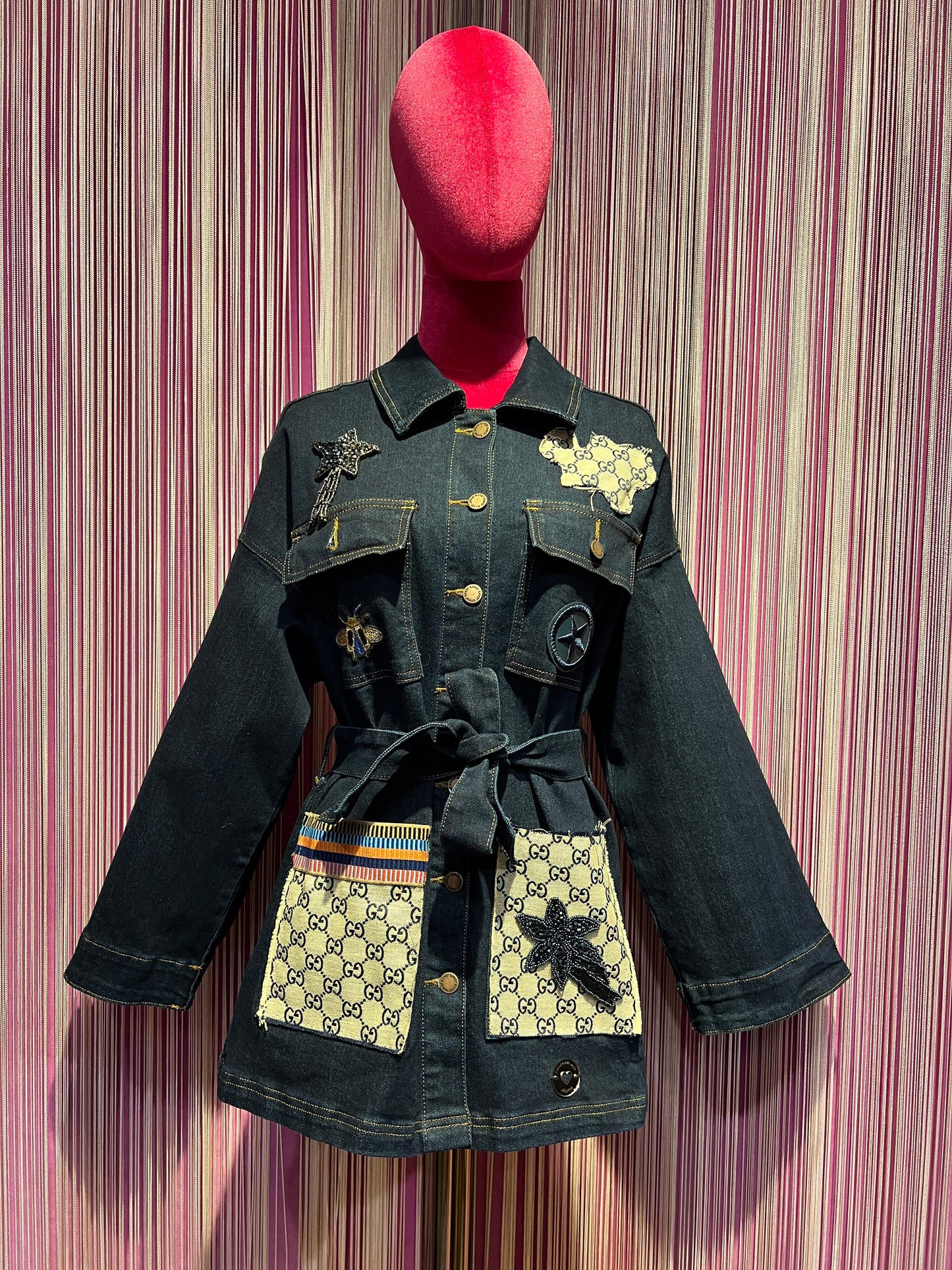 ABpink 🩷 giacca denim con cintura applicazioni fiore e stella perline