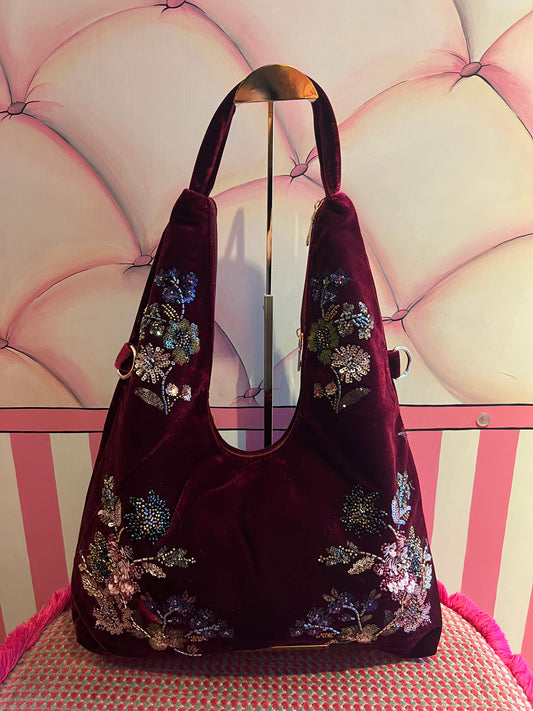 Love & roses borsa a spalla di velluto burgundi ricami floreali di paillettes e perline stile orientale con tracollina