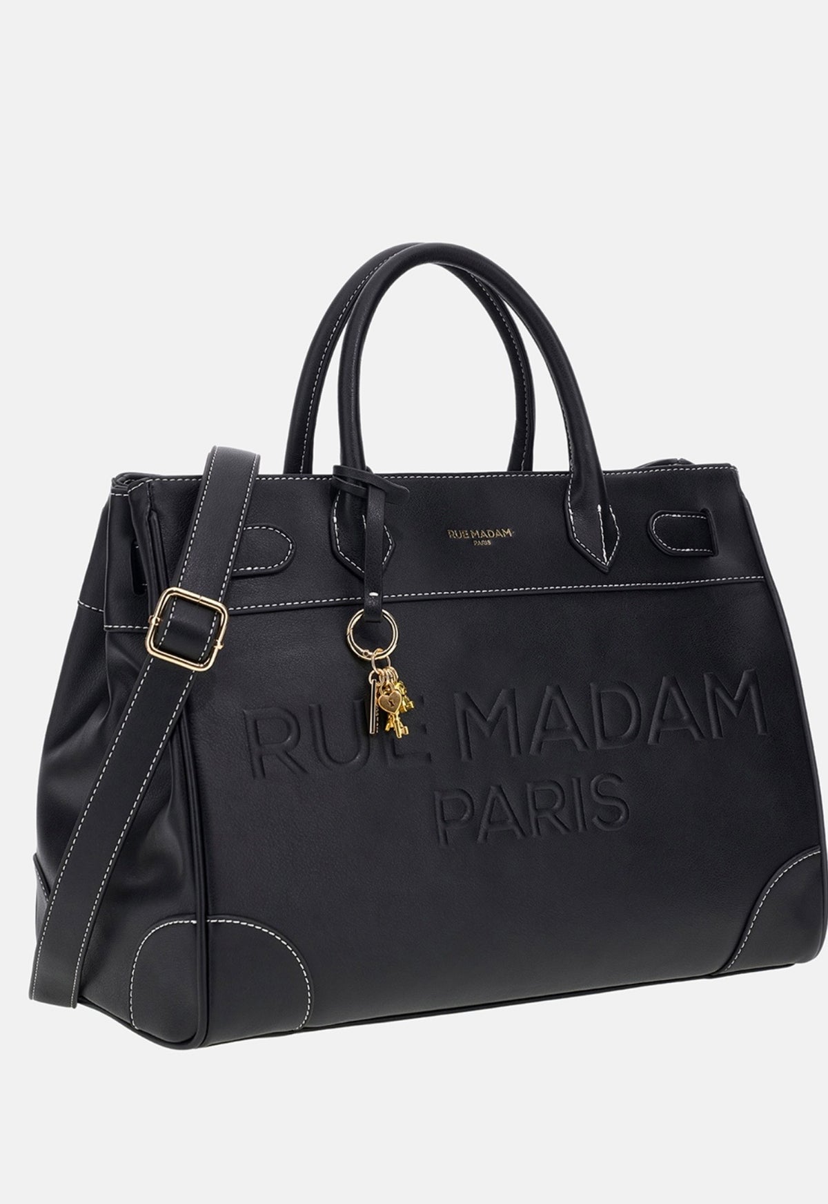 Rue Madam Paris borsa due manici in morbida pelle vegana nera con logo in rilievo ,tracolla