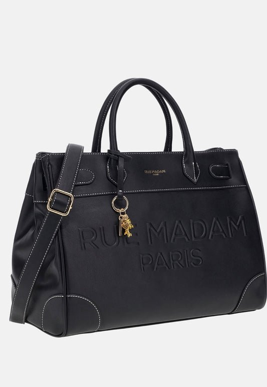 Rue Madam Paris borsa due manici in morbida pelle vegana nera con logo in rilievo ,tracolla