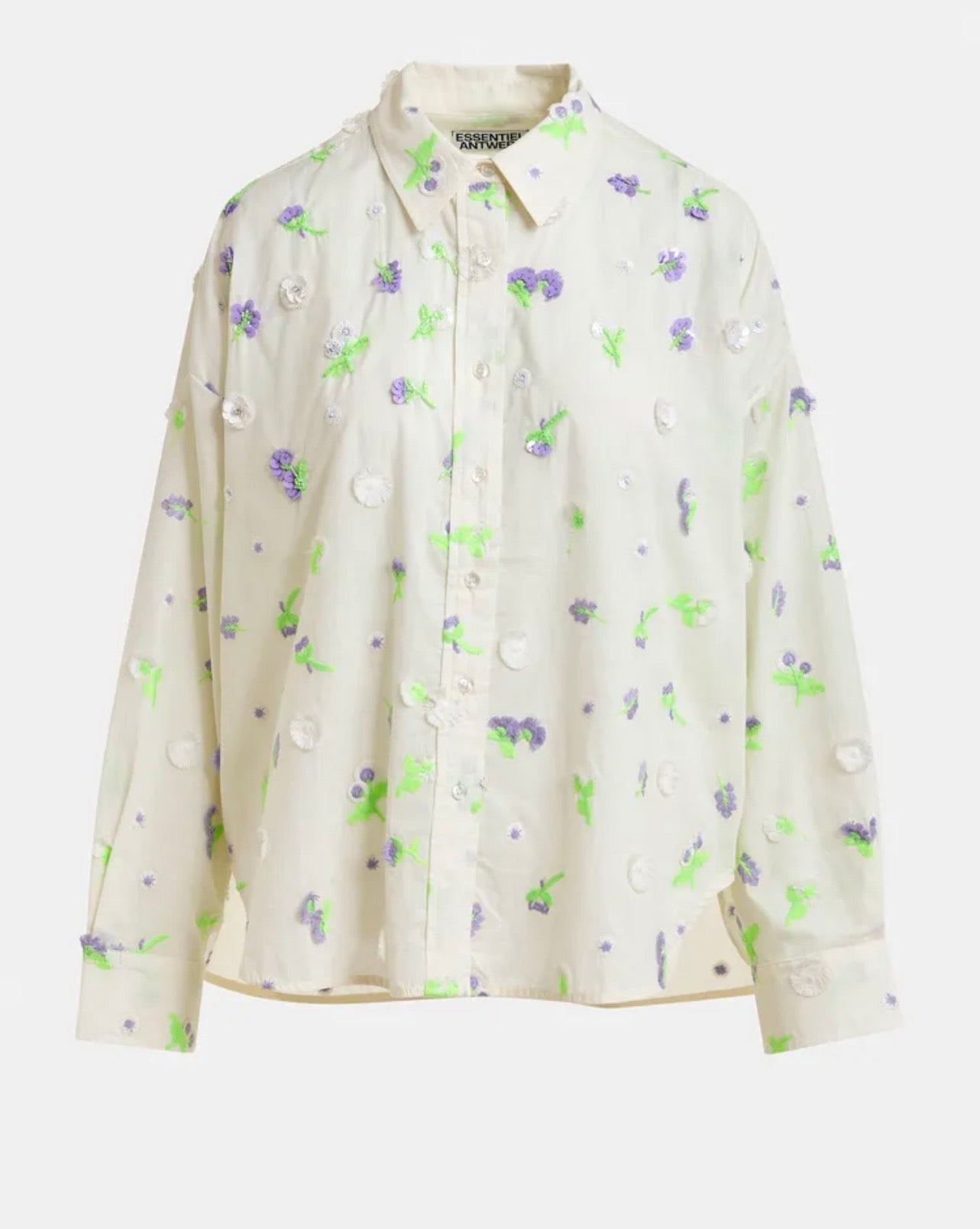Essentiel antwerp camicia avorio con decorazione floreale in paillettes strass e perline viola e verdi
