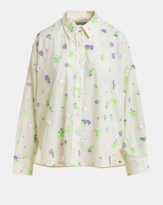 Essentiel antwerp camicia avorio con decorazione floreale in paillettes strass e perline viola e verdi