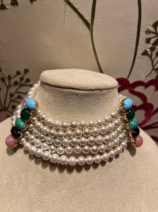 Manuela Ajo creazioni choker perle di Maiorca con pietre dure rosa viola turchese e verde