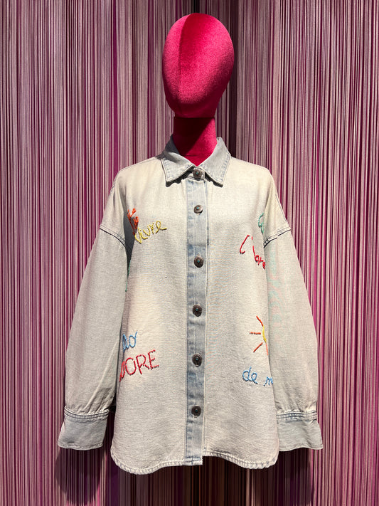Sincere Paris camicia jeans denim chiaro con scritte perline colorate