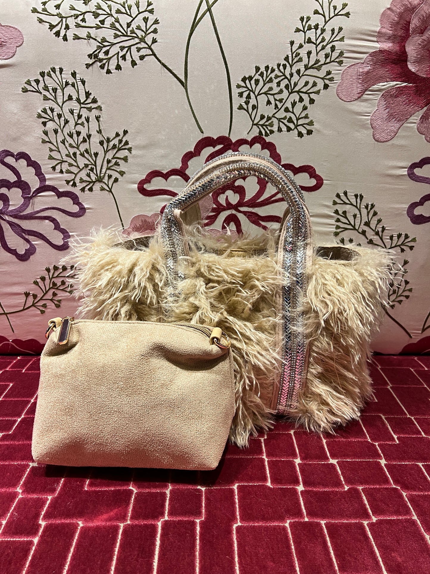 Borsa ecopelliccia panna piccola due manici Swarovski pochette e tracollina