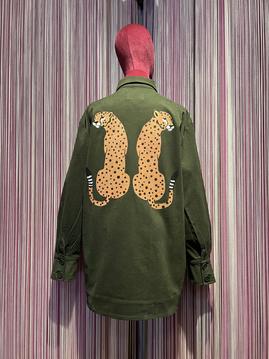 ABpink🩷 giacca Charlotte verde militare patch stelle con due pantere sul retro arancio e nere vestibilita’ 40/48