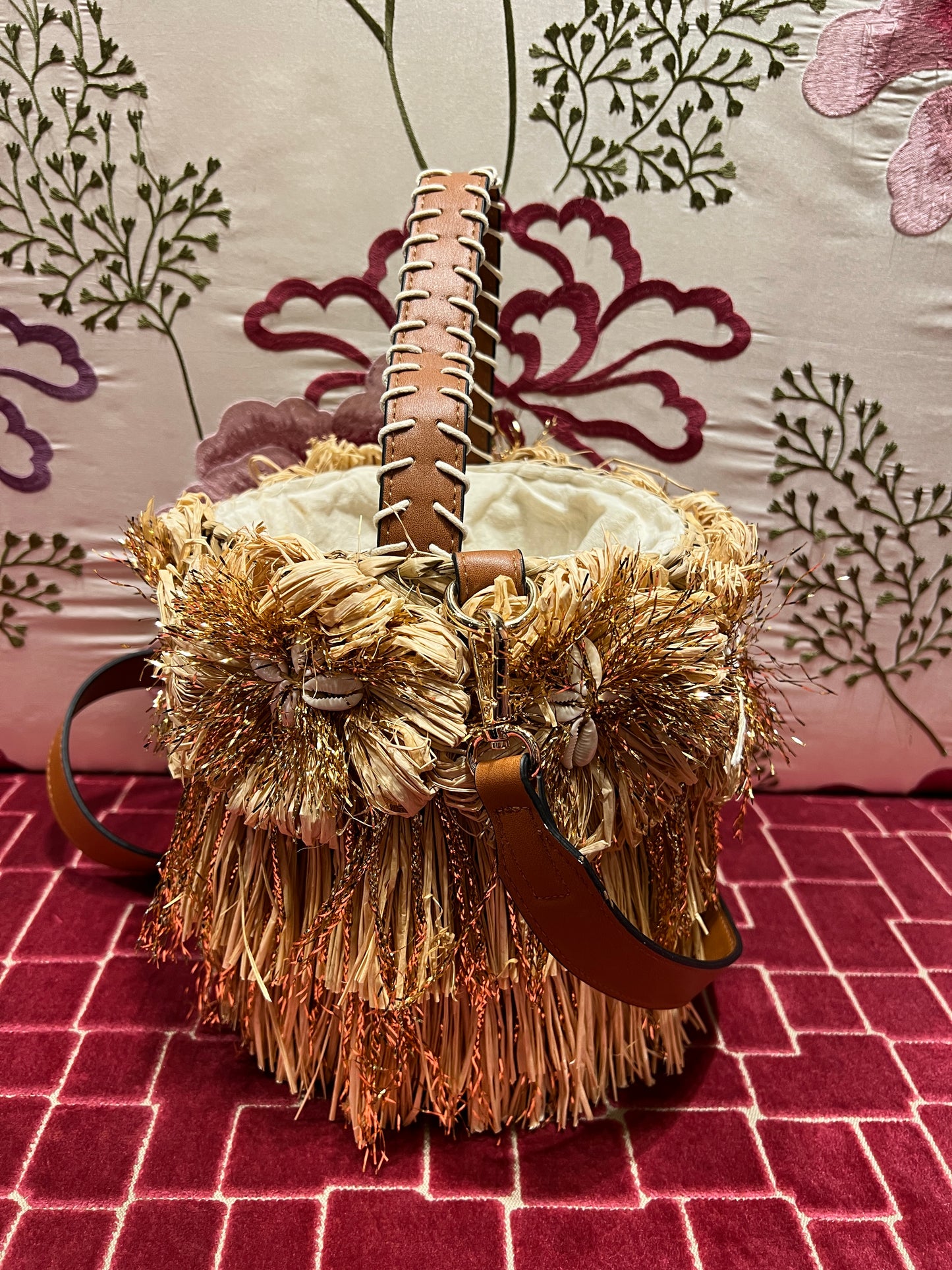 Borsa secchiello in rafia decorazioni conchiglie e tracolla