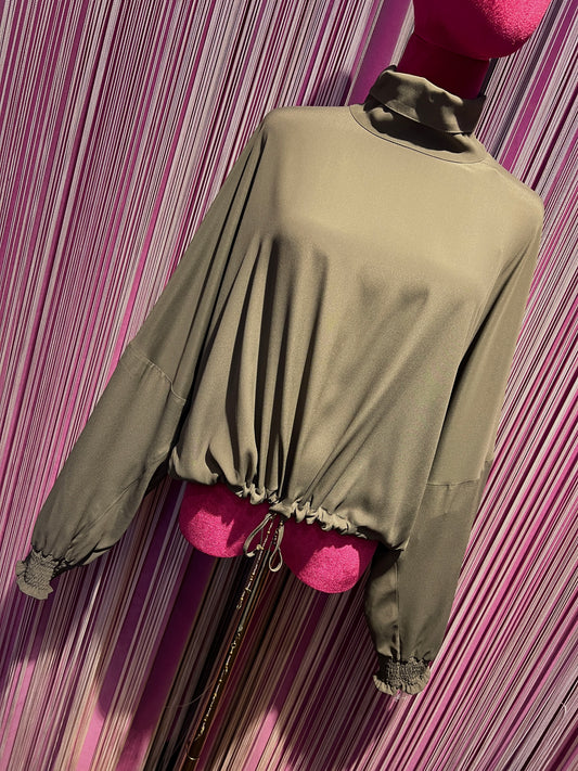 Bazar deluxe blusa taupe misto seta con coulisse su  orlo   e maniche ampie