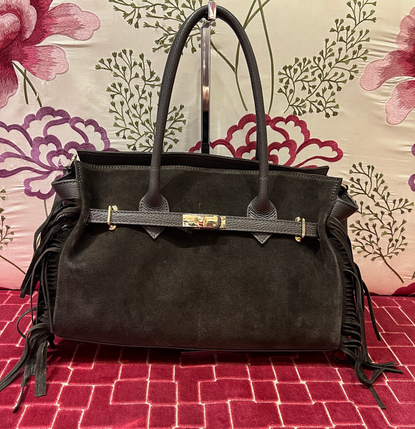 Love & roses borsa due manici con frange e tracolla cioccolato