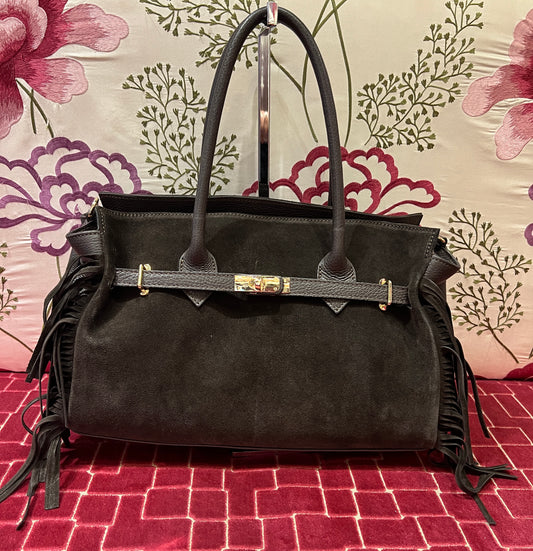 Love & roses borsa due manici con frange e tracolla cioccolato