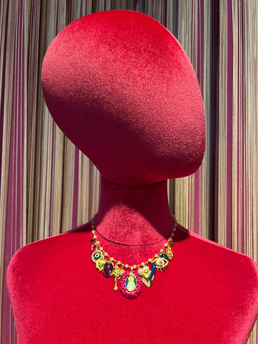 Principessa Glam collana girocollo perline rosa cornetto blu immagine sacra perline fucsia