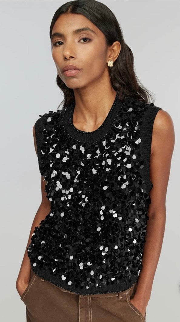 Semicouture gilet nero misto cachemire ricamo all over paillettes e perline Lorena