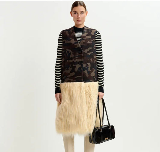 Essentiel antwerp gilet in panno mimetico ecopelliccia panna