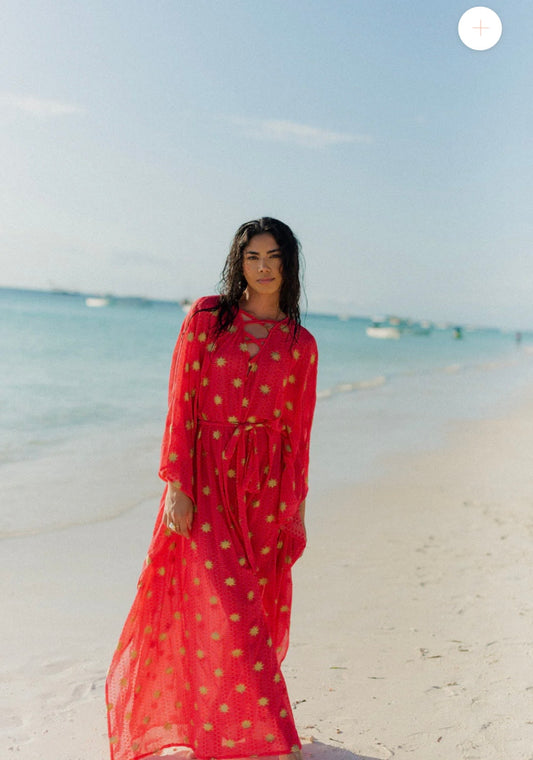 Sundress caftano rosa acceso motivi geometrici ondulatori e stampa glitterata dorata a forma di sole