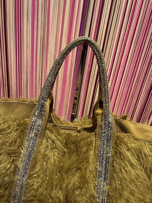 Borsa ecopelliccia tortora con Swarovski e pochette