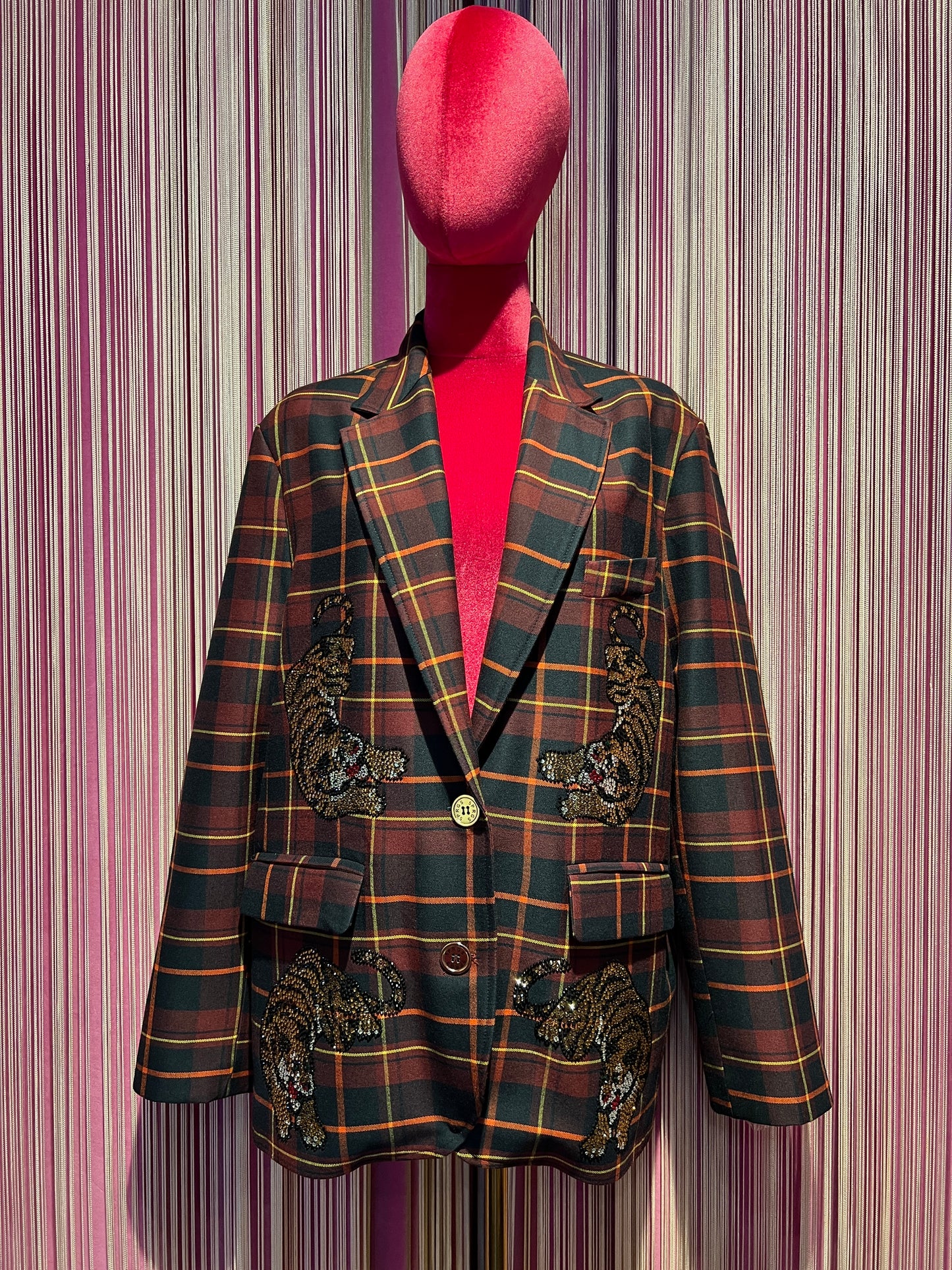 5 Progress giacca tartan over con decorazioni tigri cristalli