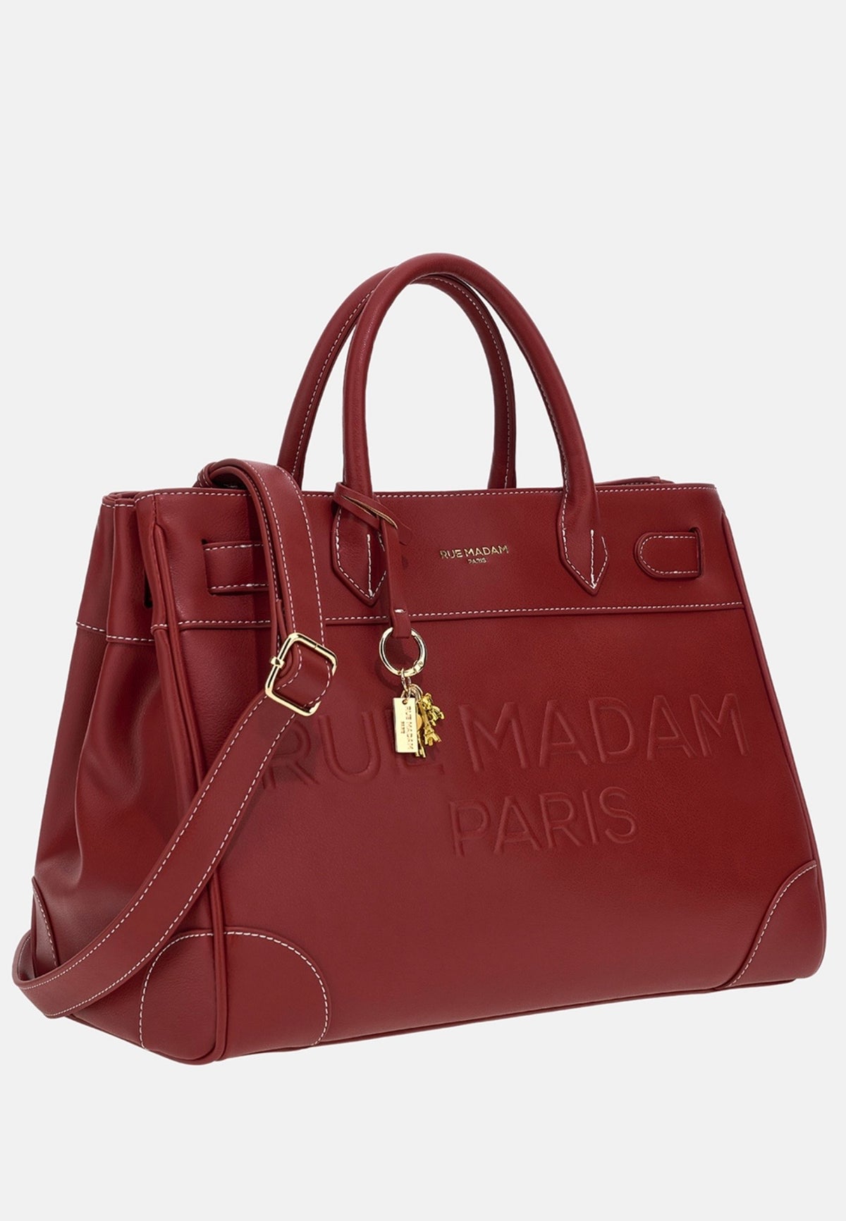 Rue Madam Paris borsa due manici in morbida pelle vegana   rosso barolo con logo in rilievo ,tracolla