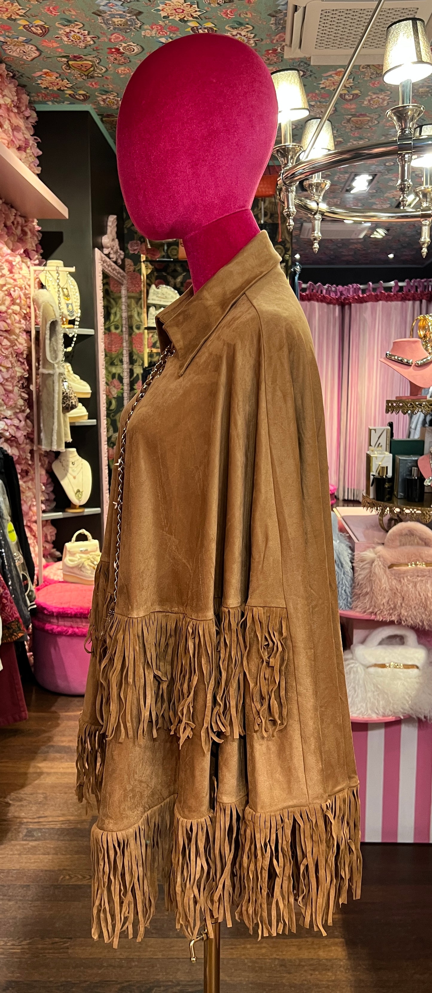 Mon amour Paris cappa in ecosuede con frange color biscotto