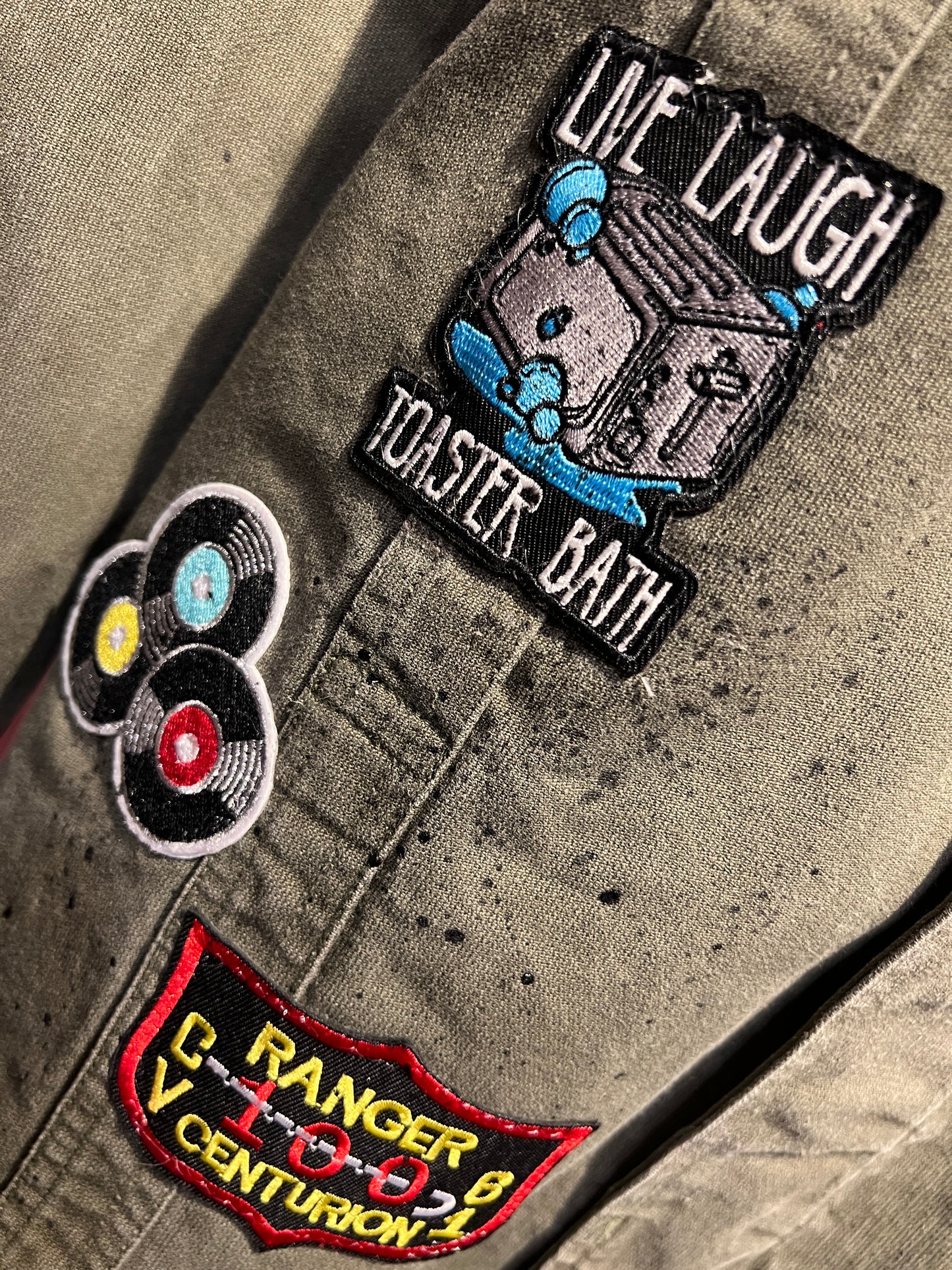 ABpink 🩷giacca la verdina unisex verde militare patch bocca e applicazioni jeans e braccio di ferro