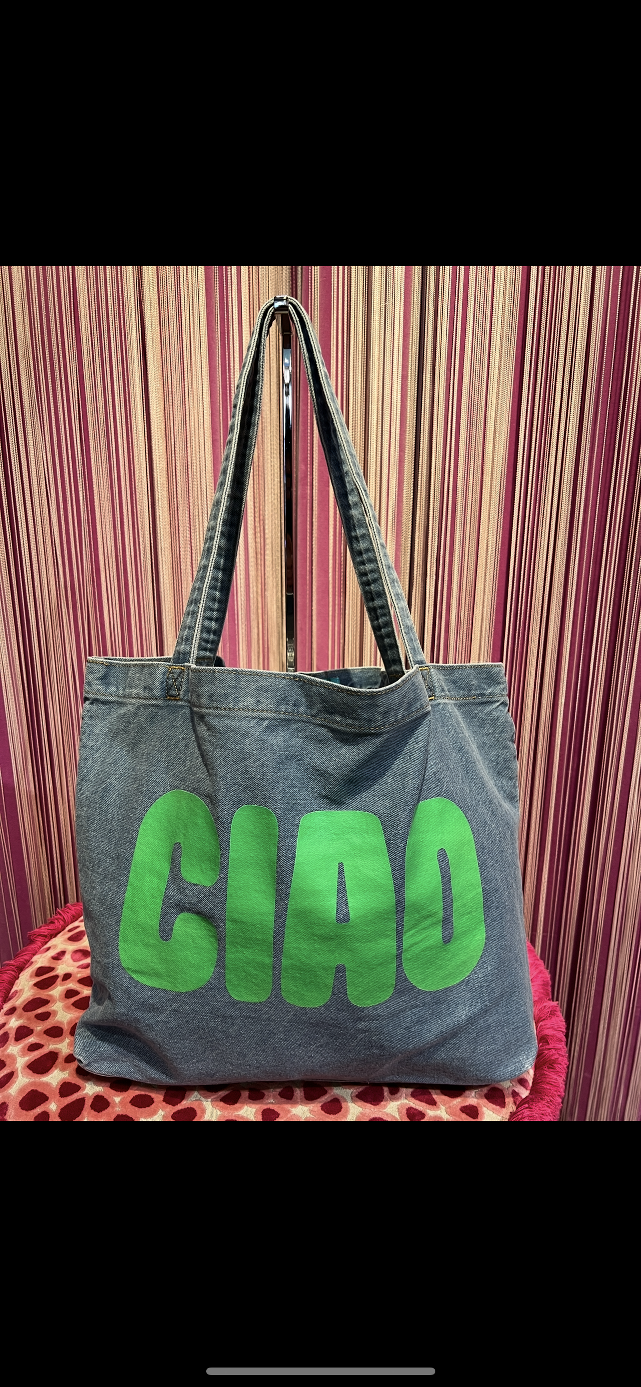 Mon amour Paris sconto-20% borsa denim due manici scritta “Ciao “ verde