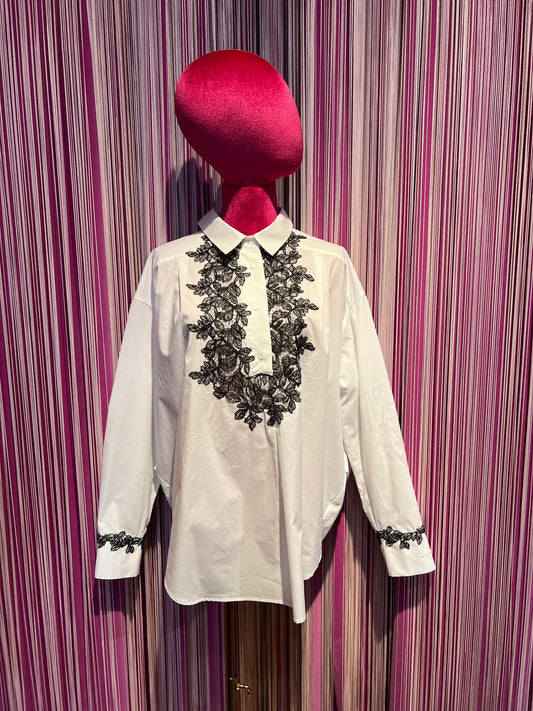 Ermanno Scervino camicia bianca con pizzo nero fiocco posteriori
