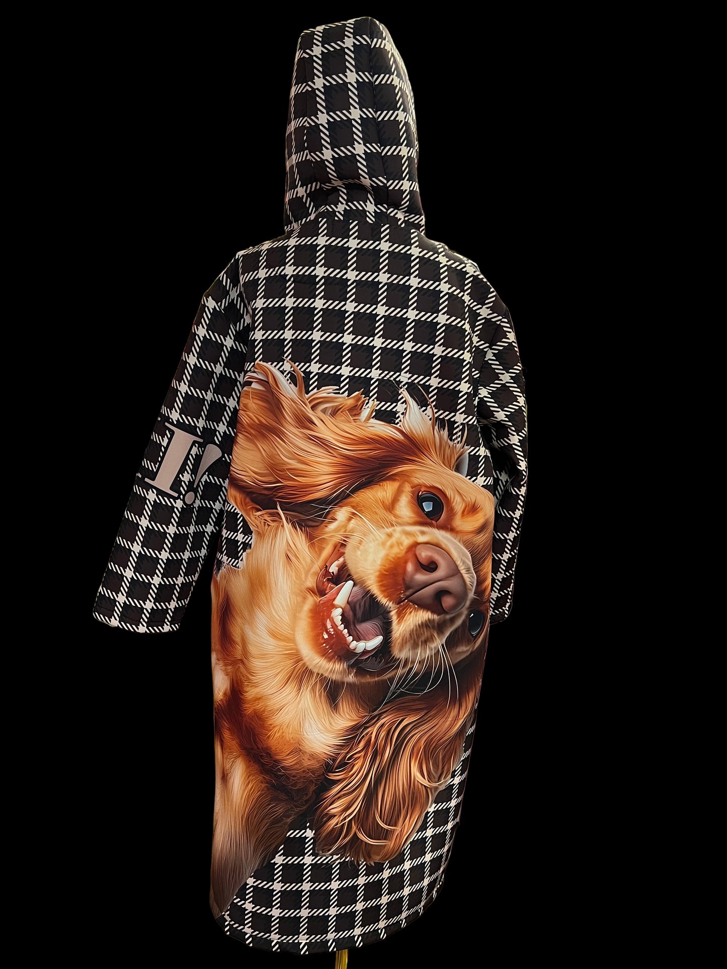 Mon amour Paris cappotto con cappuccio in neoprene stampa cocker pied de poule marrone e nero