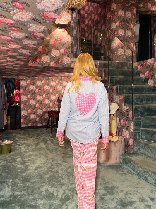 Mon amour Paris camicia righe celesti colletto e polsi a quadretti rosa e bianco che n ciliegie
