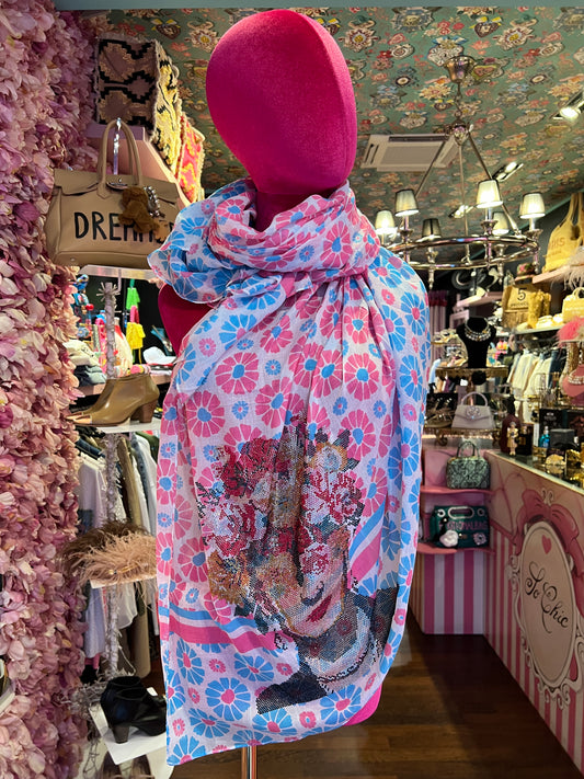 Foulard Frida 100% cotone fantasia floreale rosa e azzurro, decorazione cristalli