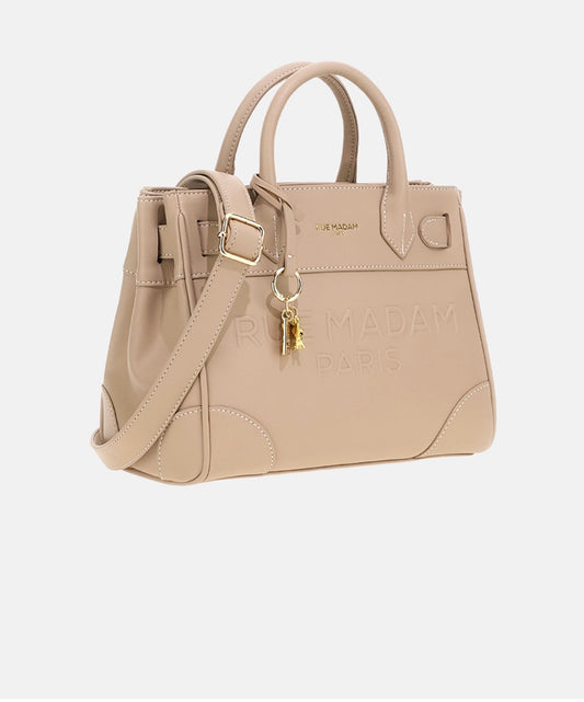 Rue Madam Paris borsa due manici con tracolla in ecopelle impreziosita dal logo in rilievo color taupe