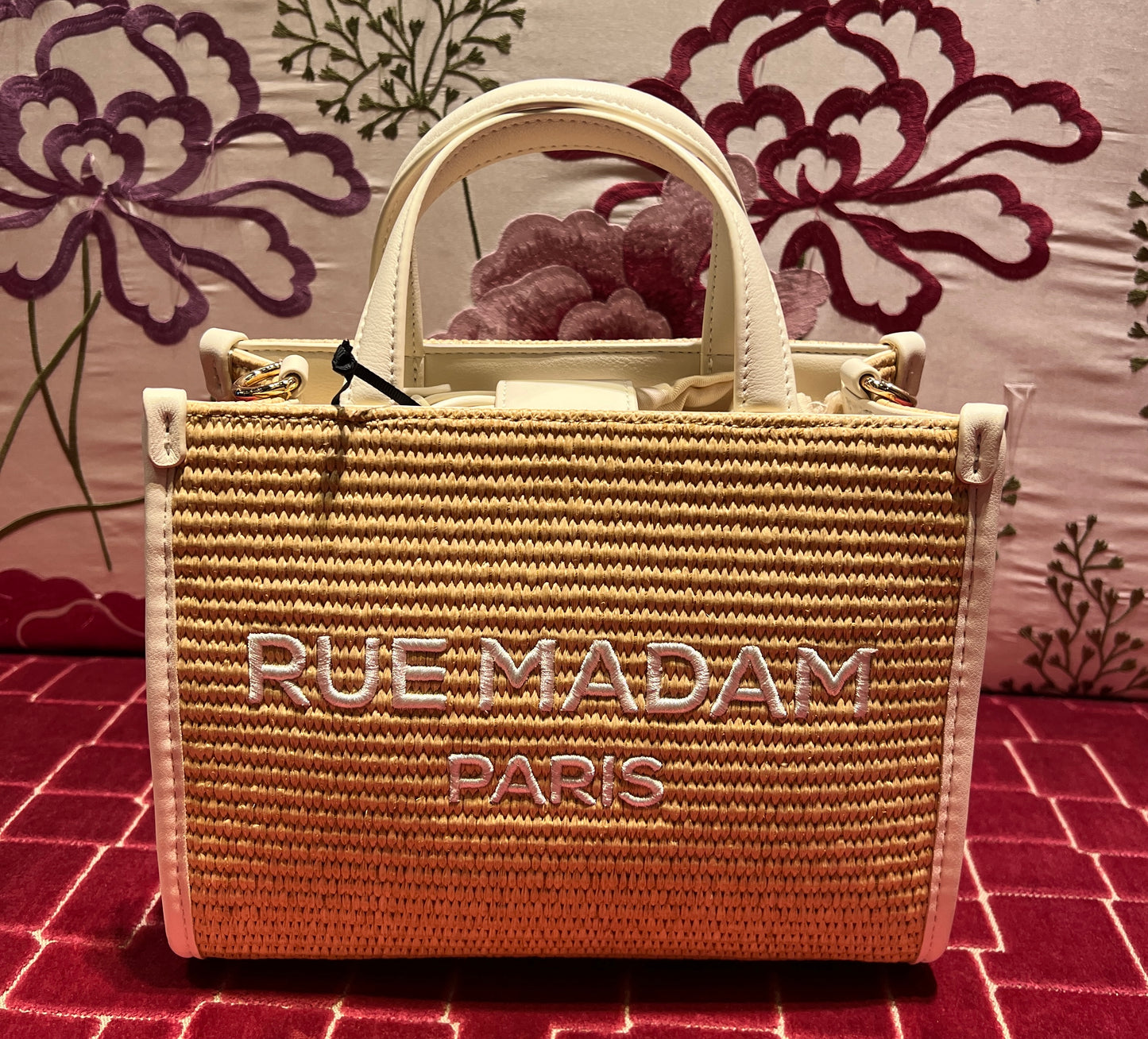 Rue Madam borsa mini due manici ecopelle con tracolla paglia logo ricamato