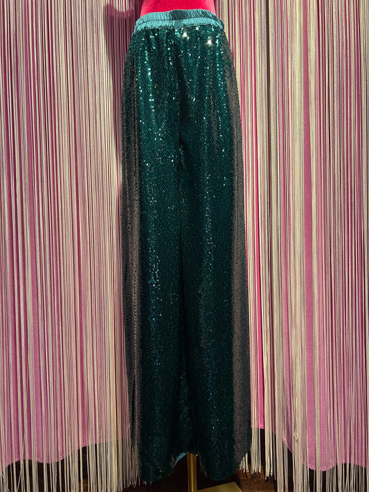 Dahlo pantalone verde smeraldo palazzo paillettes con elastico in vita
