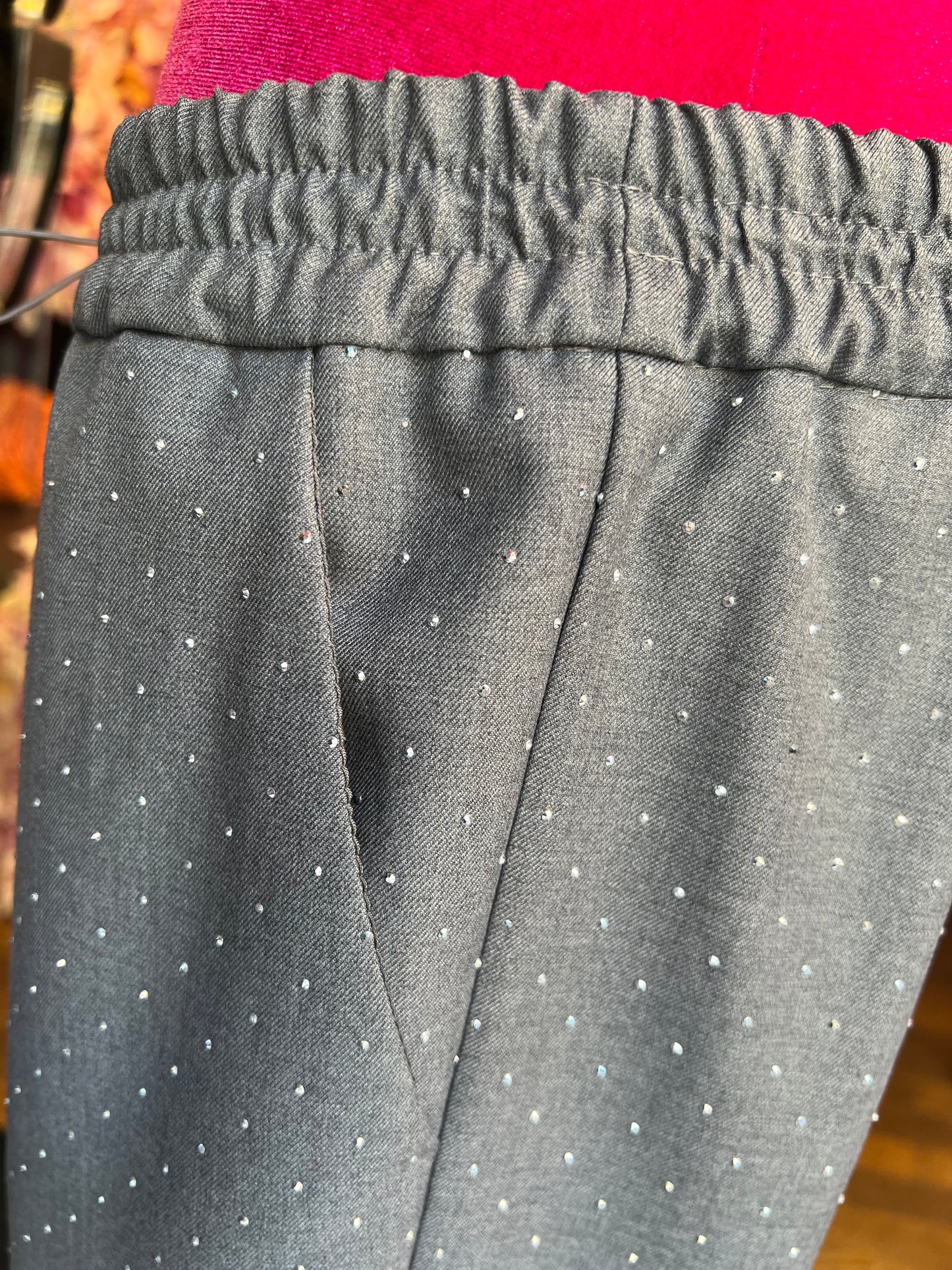 Ermanno Scervino pantalone grigio con pois cristalli argento elastico regolabile