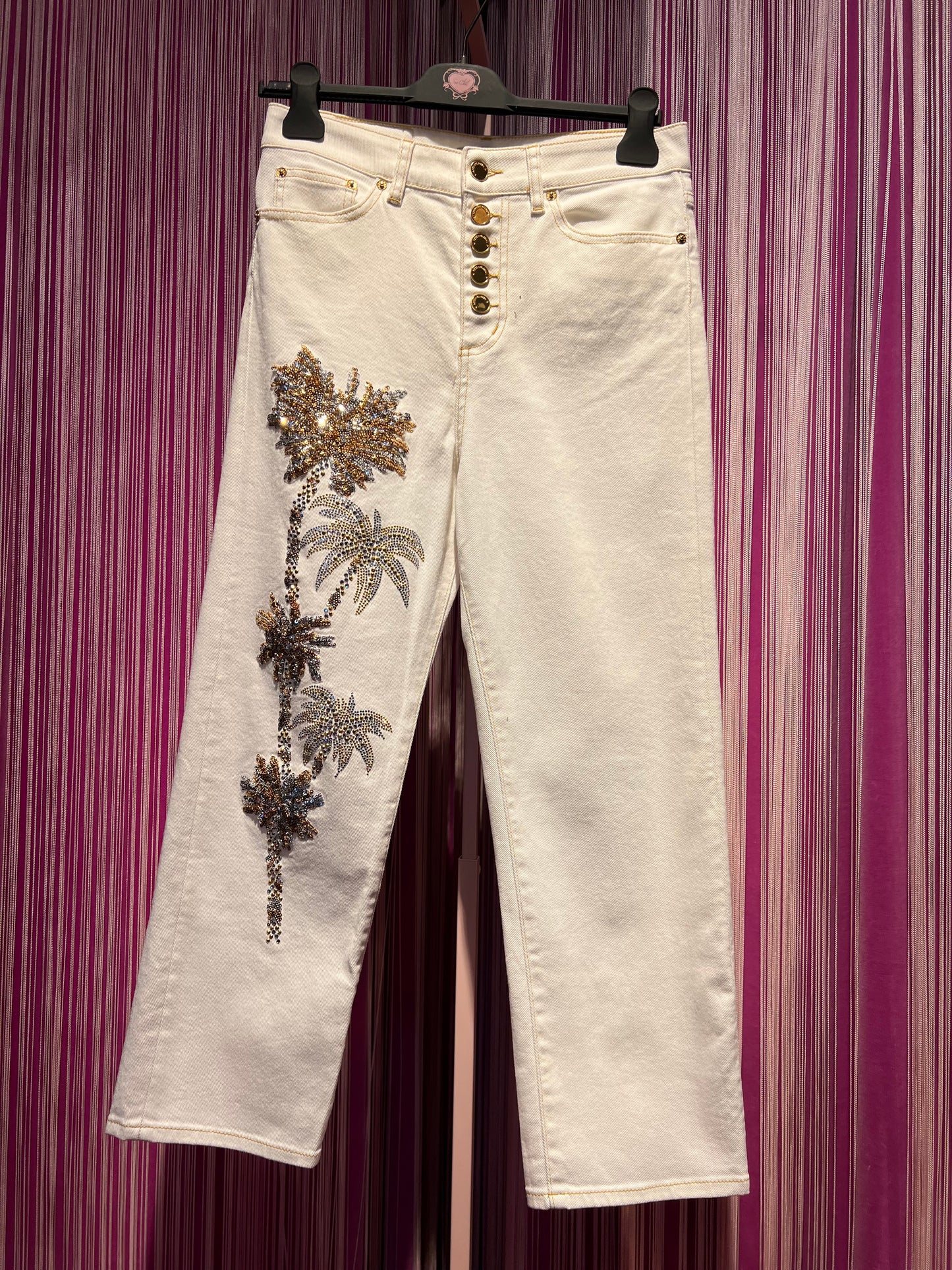Rossano Perini jeans bianco palme paillettes e strass mod loose