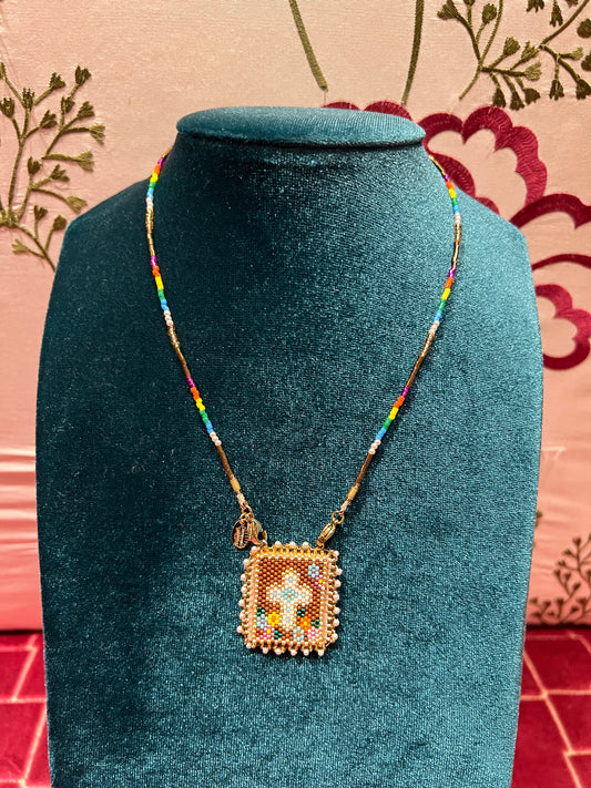 Collana girocollo perline croce fondo nero e pelle