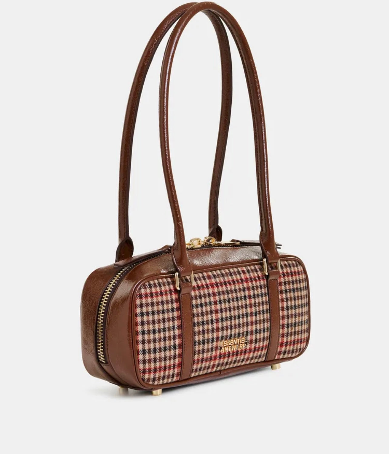 Essentiel antwerp borsa a baguette con tracolla marrone beige e rossa a quadri