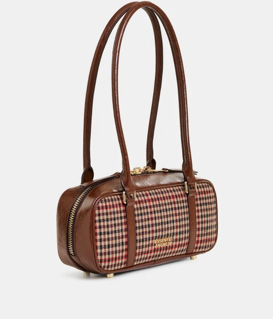 Essentiel antwerp borsa a baguette con tracolla marrone beige e rossa a quadri