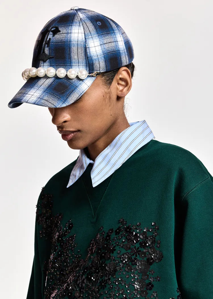 Essentiel antwerp cappello con visiera a quadri blue con decorazione rimovibile in finte perle