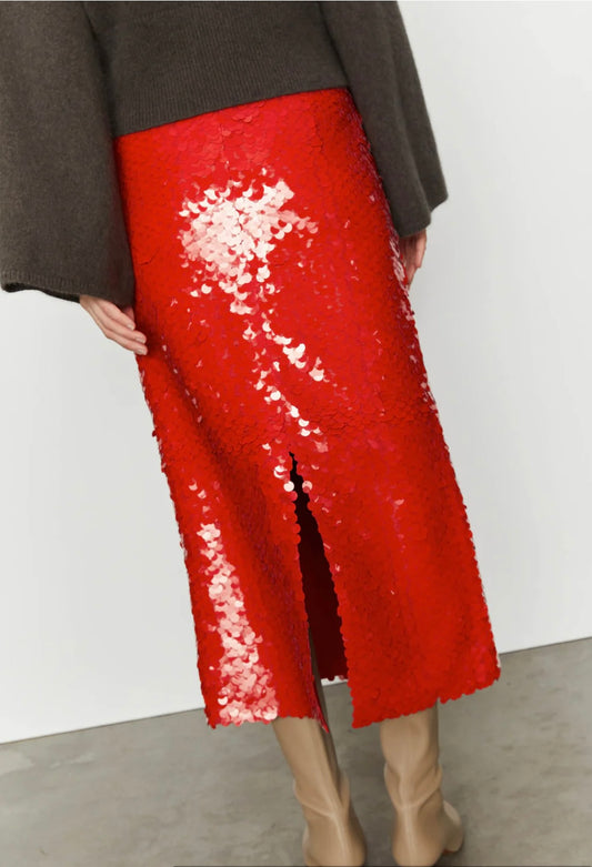 Isabelle Blanche Paris gonna longuette di paillettes rossa