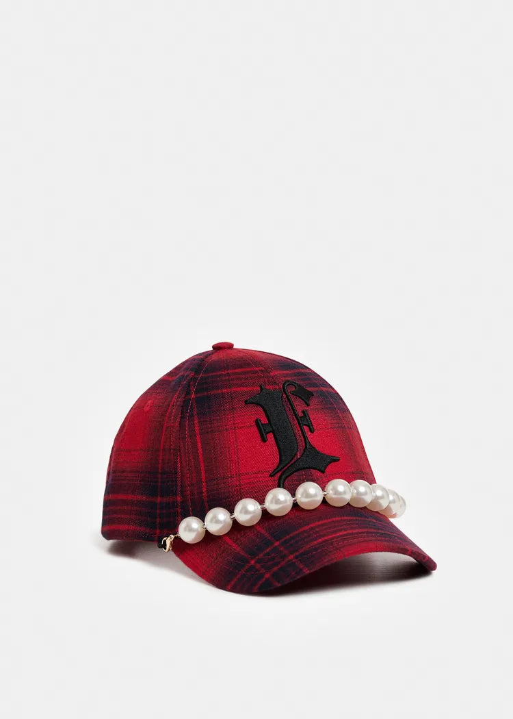 Essentiel antwerp cappello con visiera a quadri rossi con decorazione rimovibile in finte perle