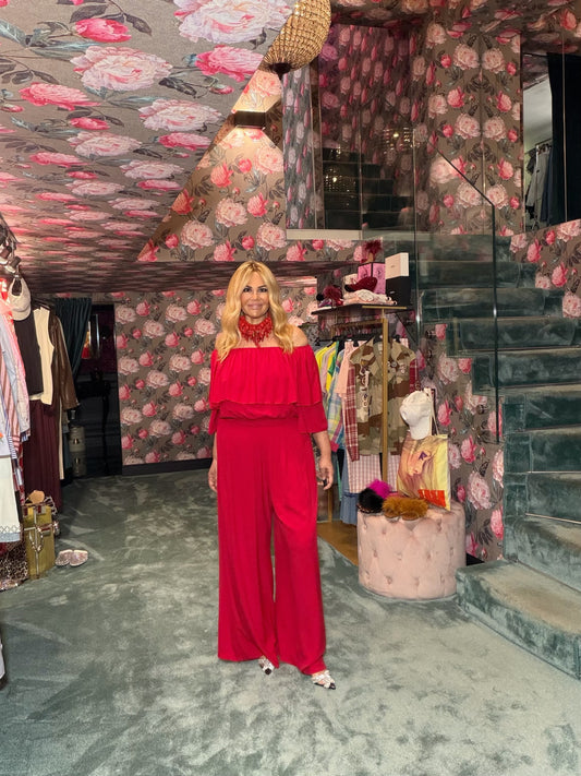 Love & roses completo oversize blusa scollo Bardot e pantalone palazzo con elastico in vita