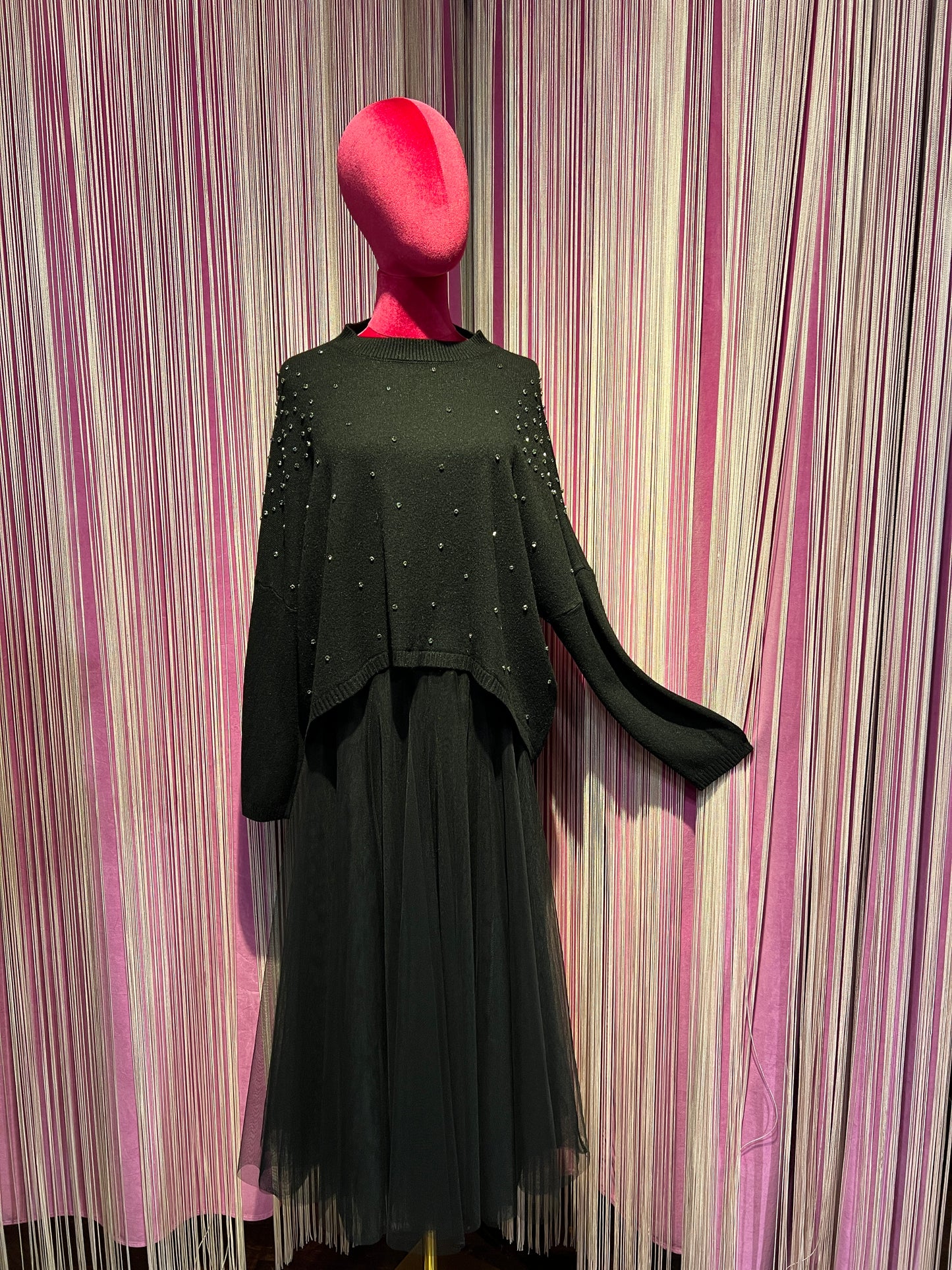 The room completo gonna tulle e maglia con zirconi nera