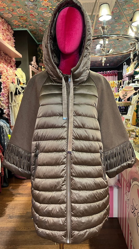 The room piumino con cappuccio taupe manica con frange