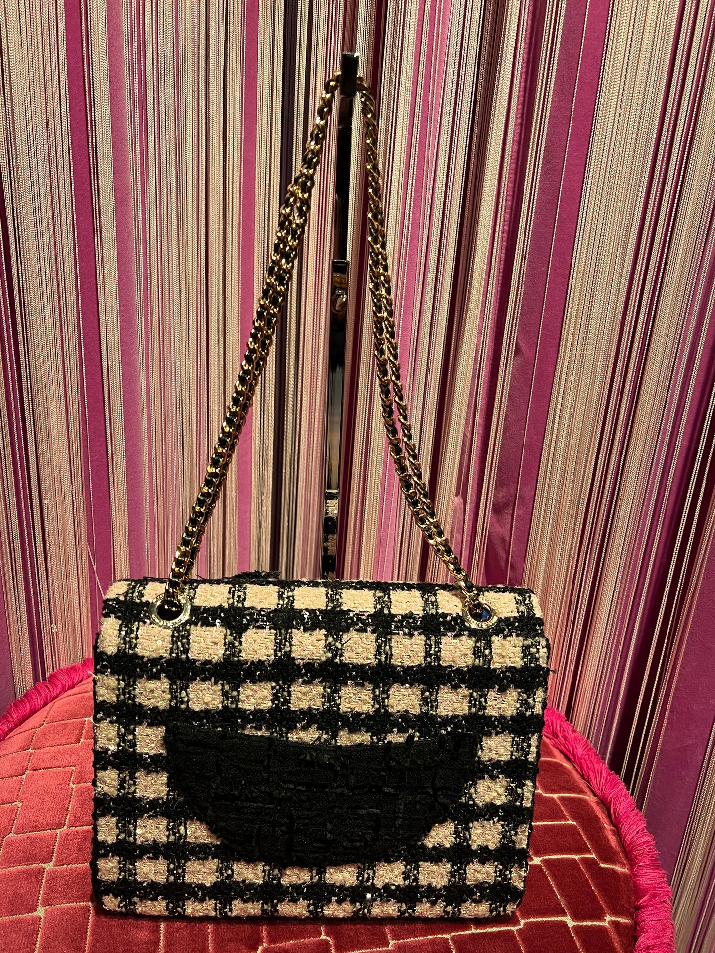 Minime Paris borsa tweed nera e rosa doppia catena