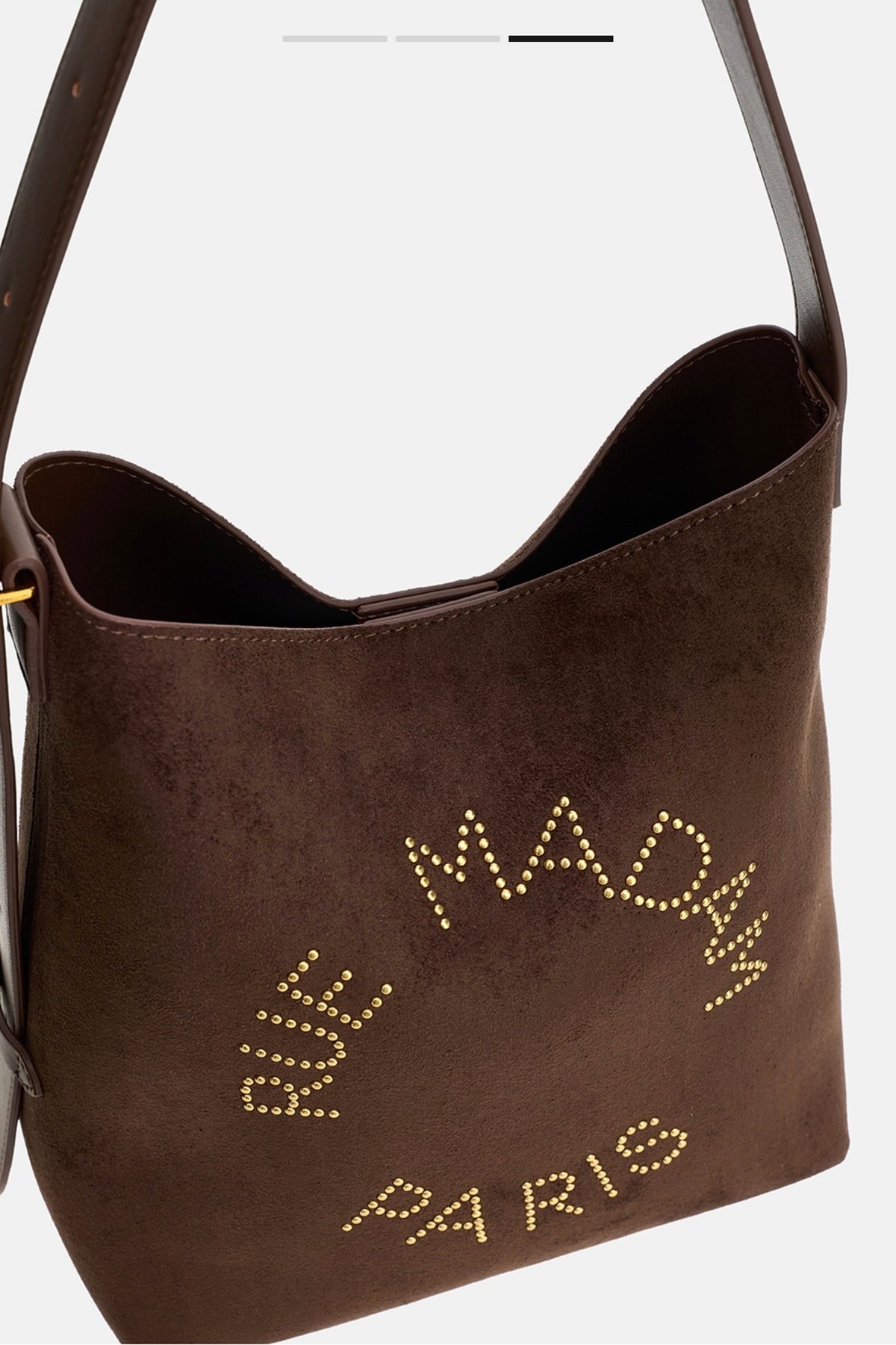 Rue Madam Paris borsa a  secchiello in eco suede cioccolato con logo con micro borchiette dorate