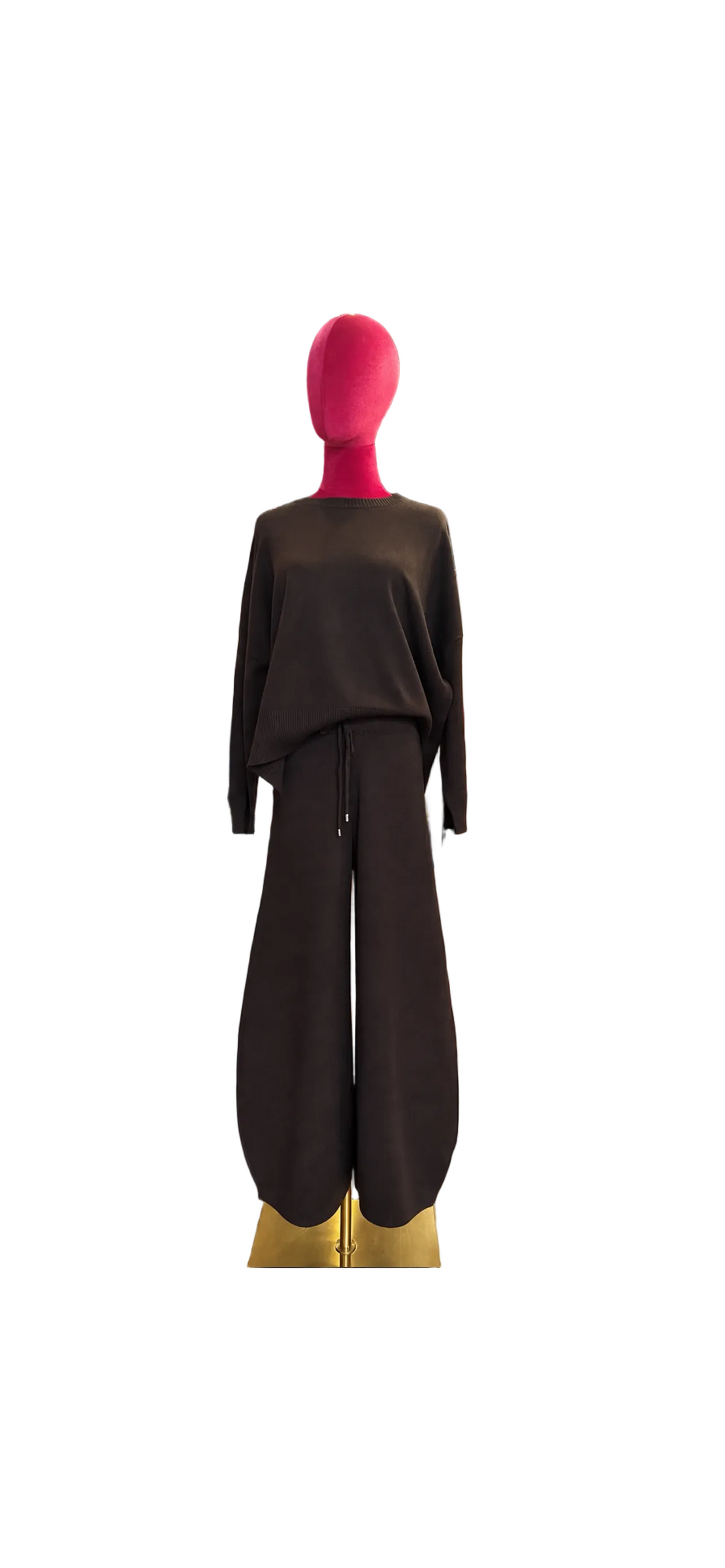 The room completo tre pezzi marrone gilet simil pelliccia pantalone e maglia
